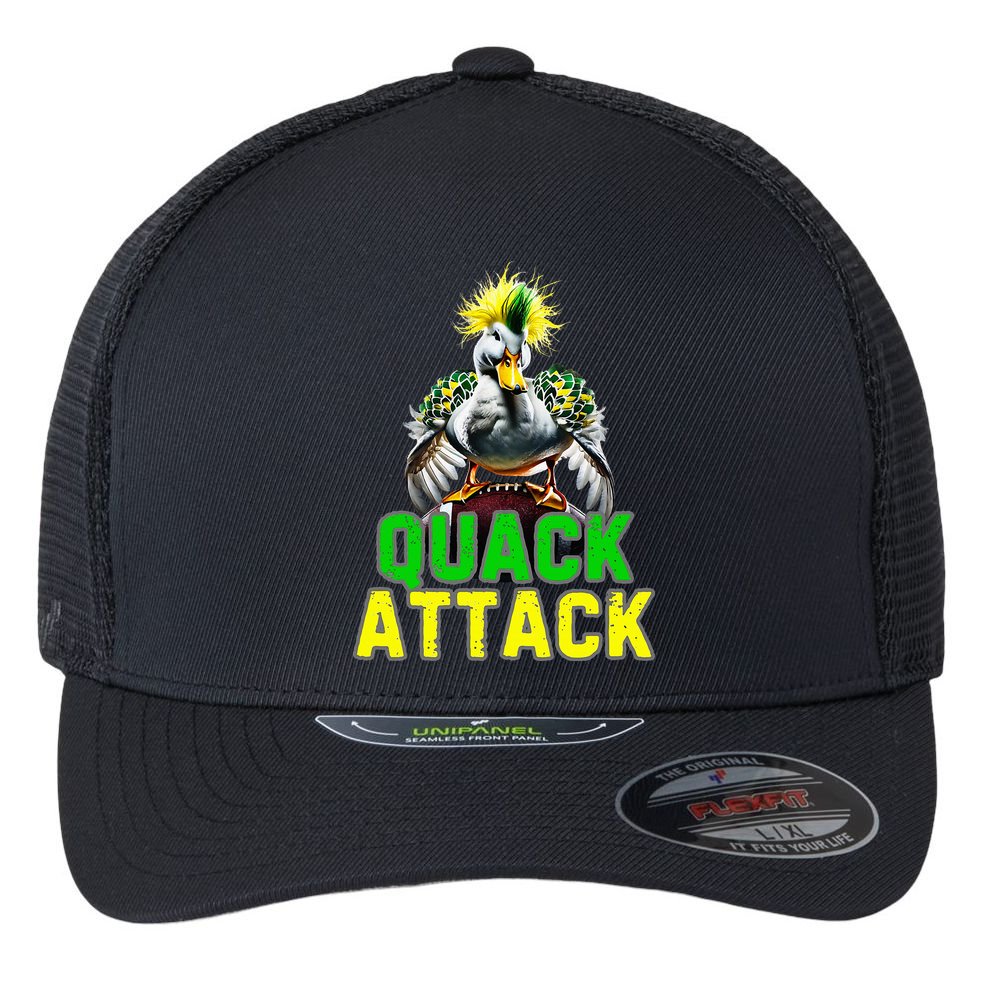 Quack Attack By Angry White Green And Yellow Duck Flexfit Unipanel Trucker Cap