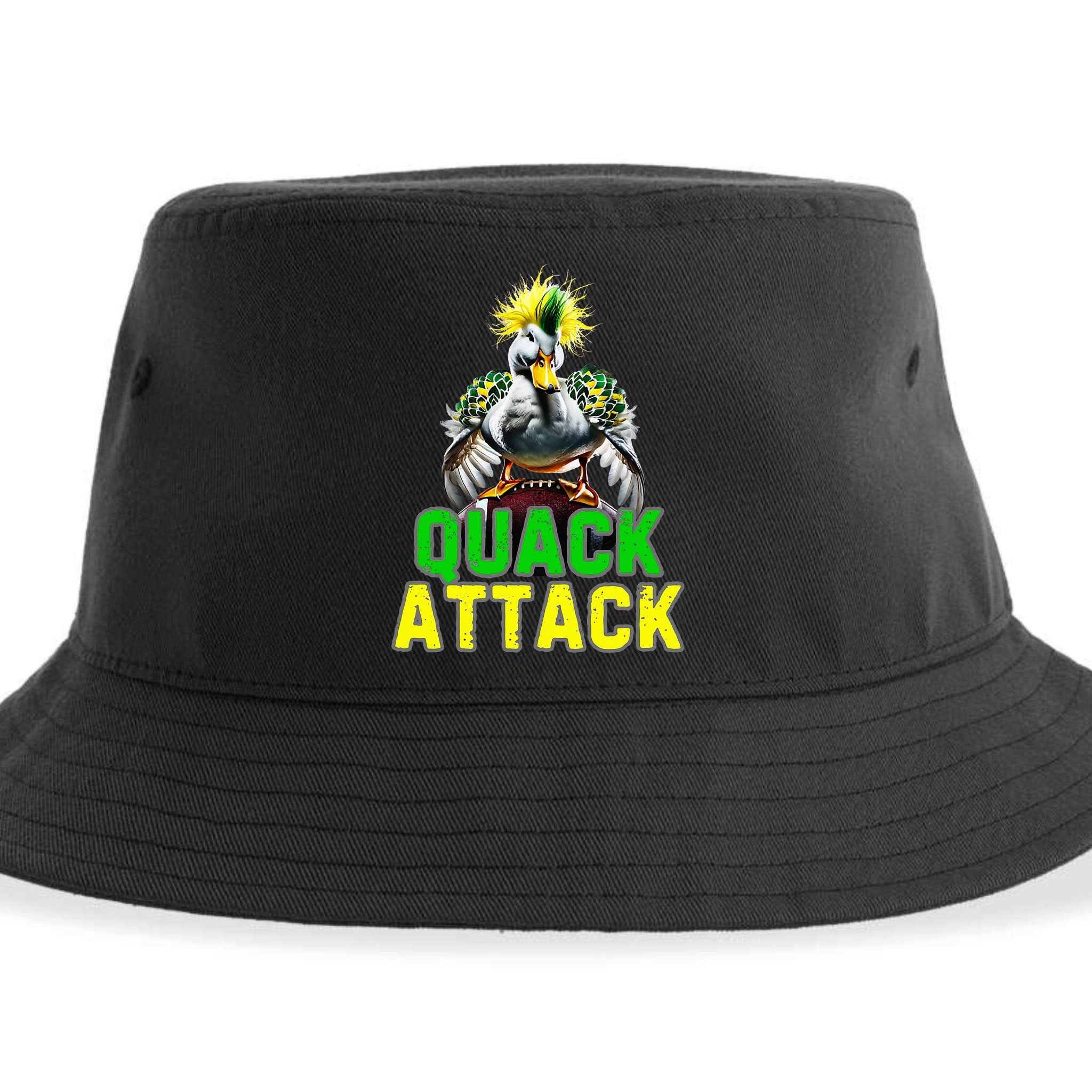 Quack Attack By Angry White Green And Yellow Duck Sustainable Bucket Hat