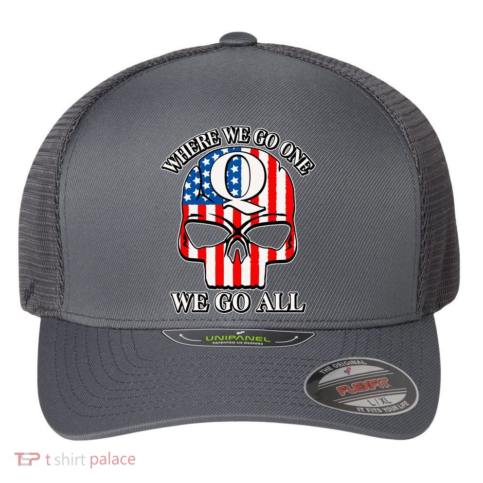 QAnon American Flag Skull Flexfit Unipanel Trucker Cap