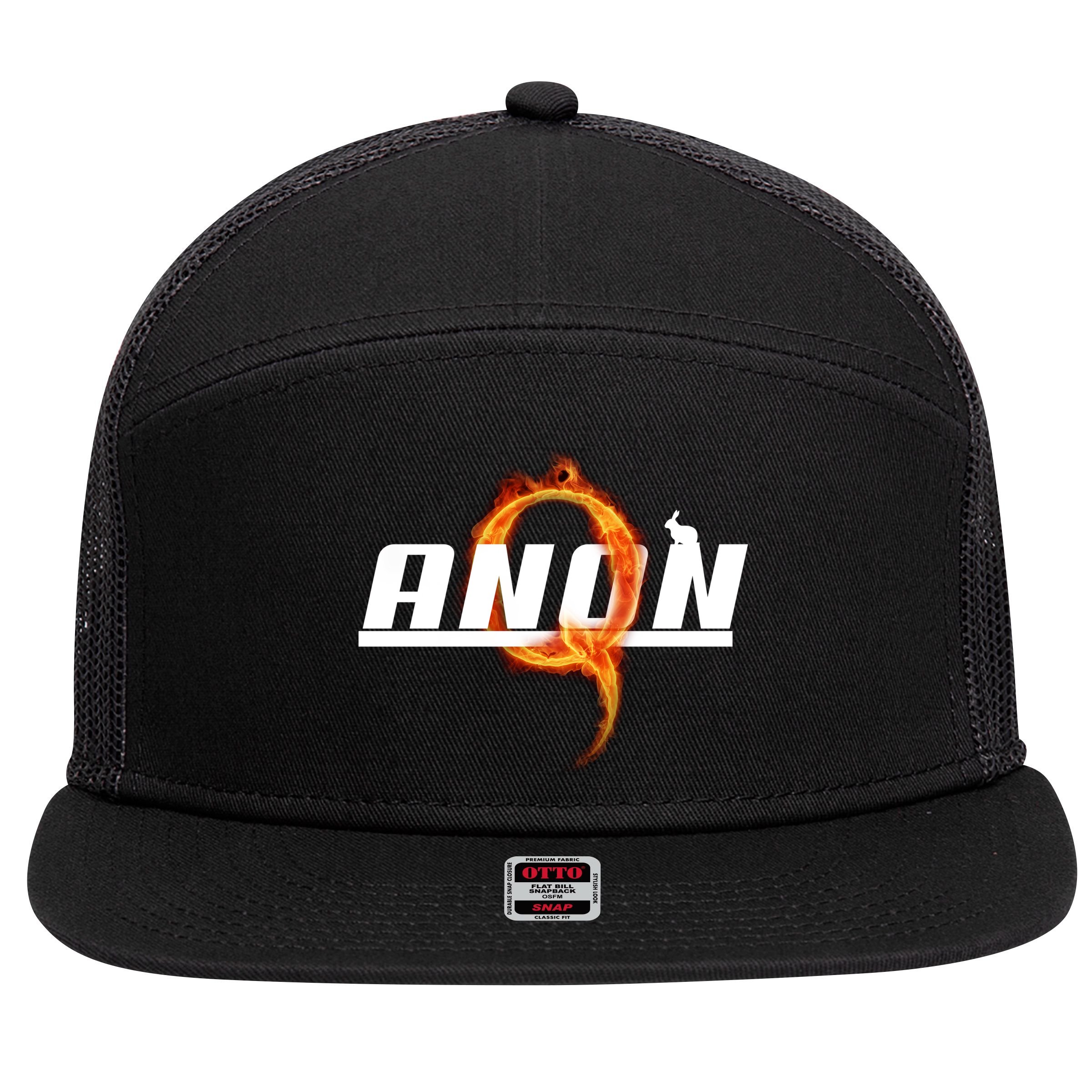 QAnon The Rabbit Storm Fire Logo 7 Panel Mesh Trucker Snapback Hat