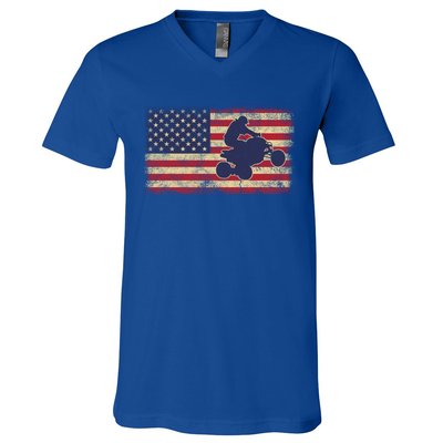 Quad Biker America Flag Gift Atv Four Wheeler Quad Bike Gift V-Neck T-Shirt