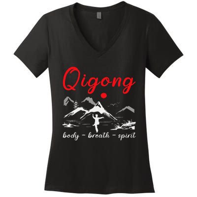 Qigong Body Breath Spirit Chinese Exercises Meditation Women's V-Neck T-Shirt