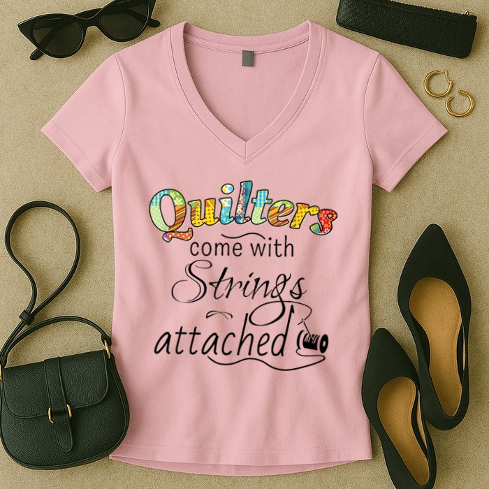 Quilters Come With Strings Attached Funny Women's V-Neck T-Shirt