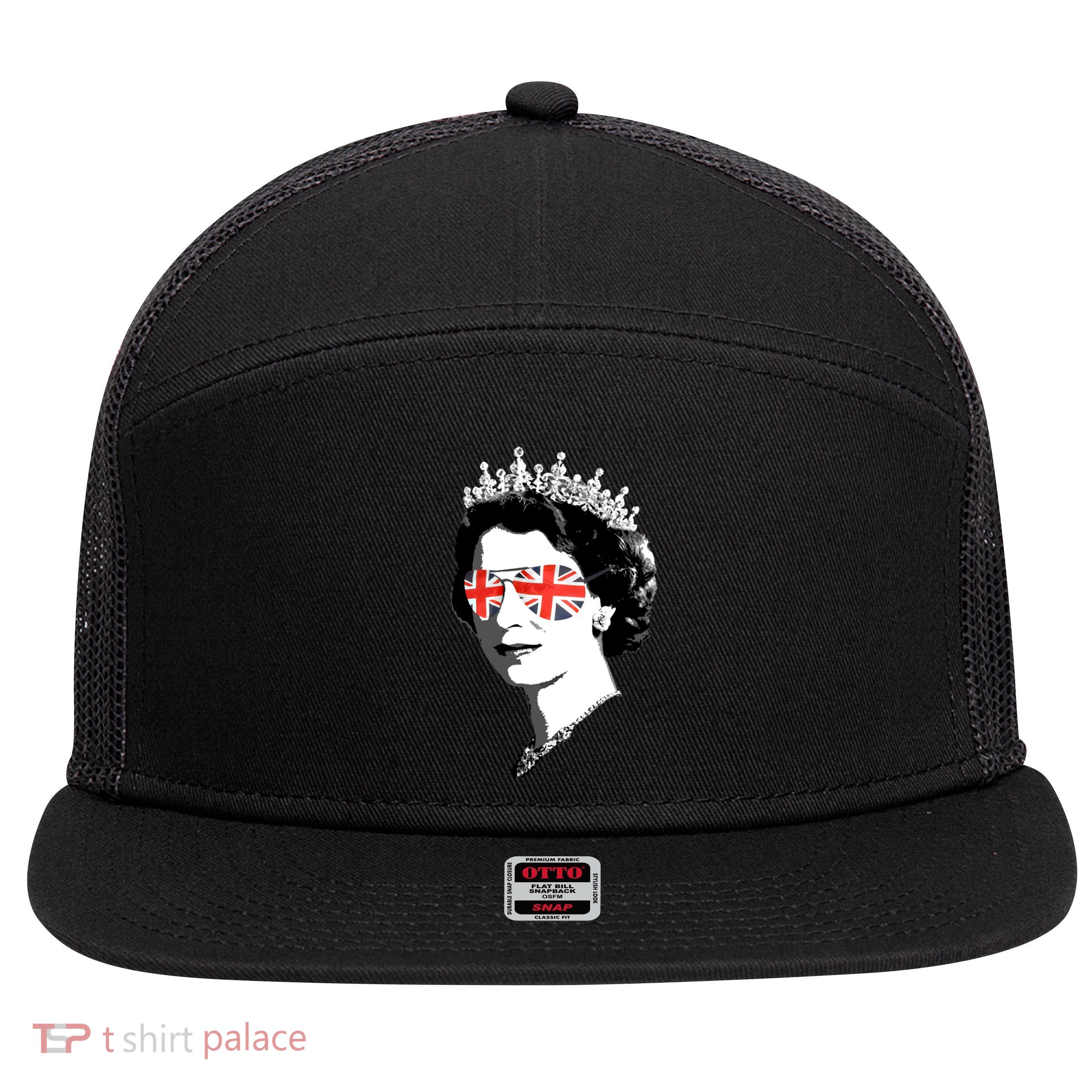 Queen Elizabeth Ii Sunglasses British Crown Union Jack Meme Gift 7 Panel Mesh Trucker Snapback Hat