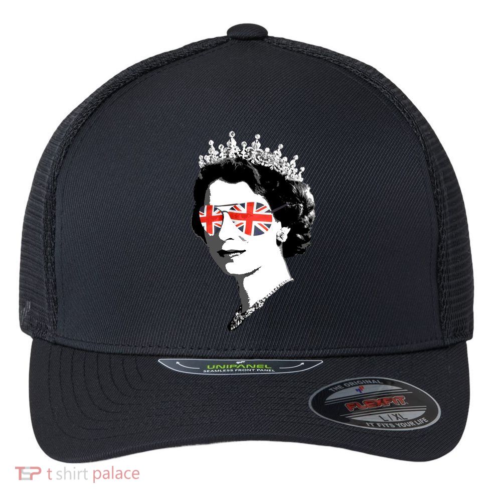Queen Elizabeth Ii Sunglasses British Crown Union Jack Meme Gift Flexfit Unipanel Trucker Cap