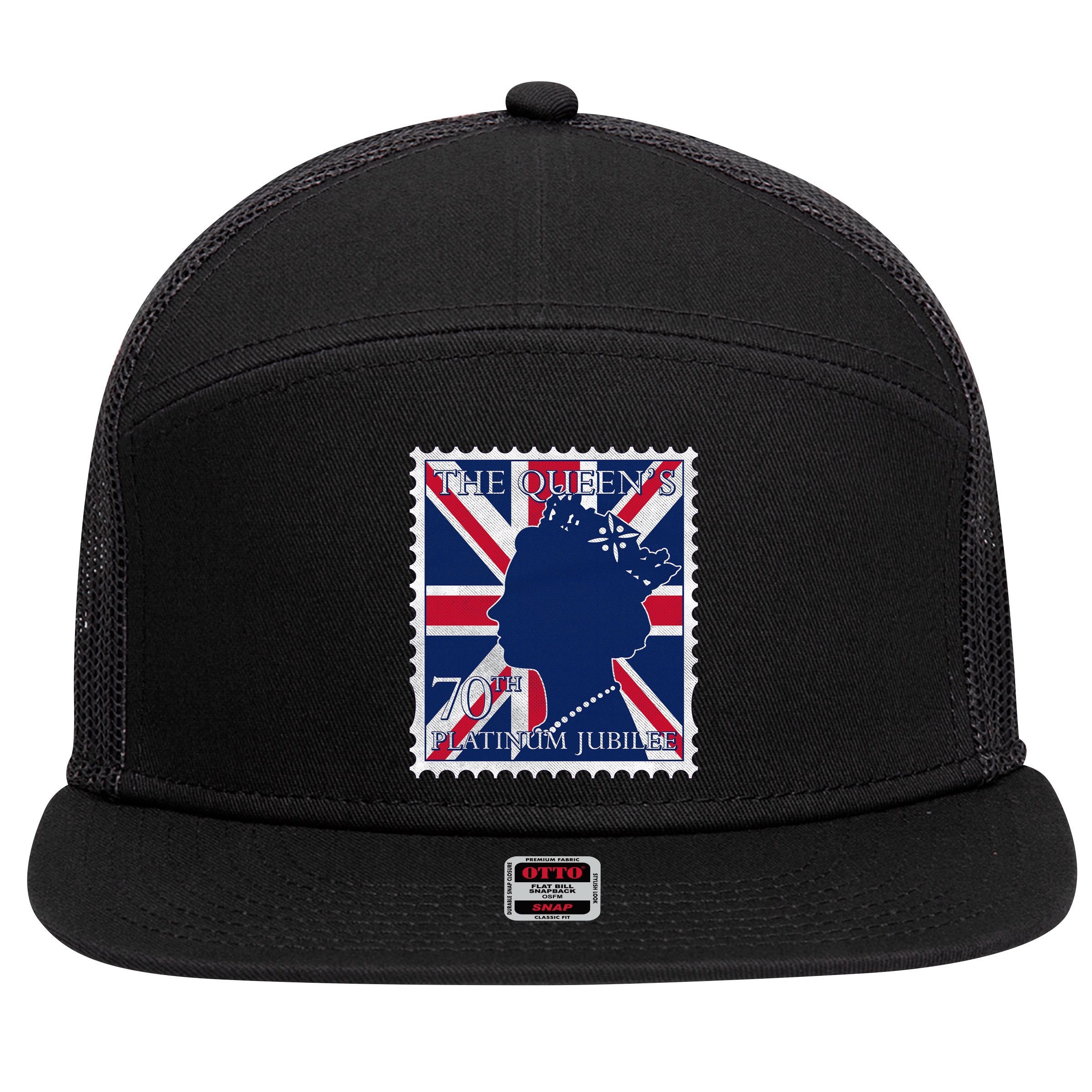 Queen Elizabeth Platinum Jubilee Celebration Queens 70th Anniversary Union Jack 7 Panel Mesh Trucker Snapback Hat