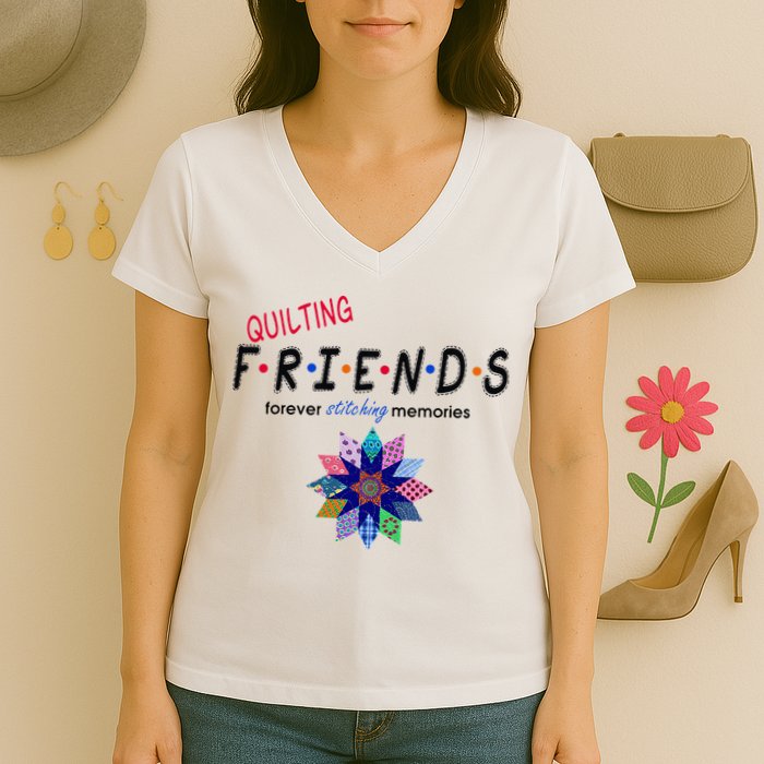 Quilting Friends Forever Stitching Memories Funny Quilting Women's V-Neck T-Shirt