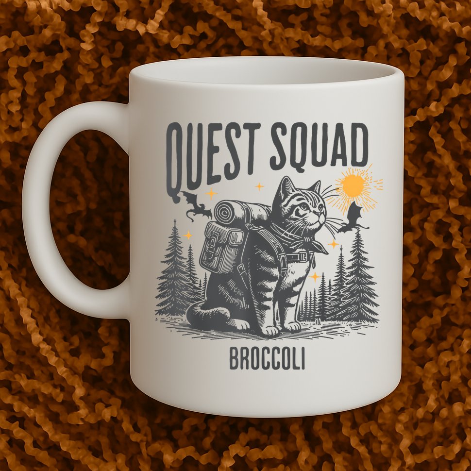 Quest Fantasy Squad Broccoli Funny Cat Mug