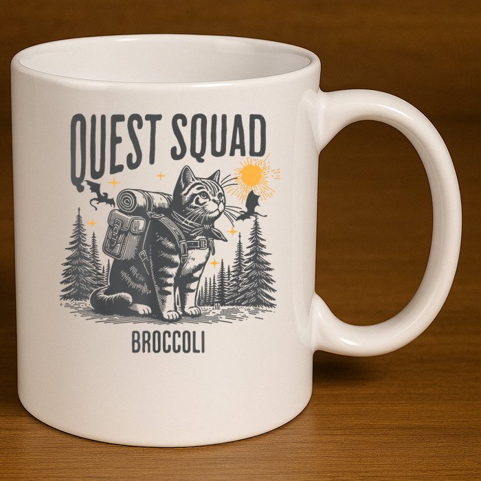 Quest Fantasy Squad Broccoli Funny Cat 11oz C Handle Ceramic Mug