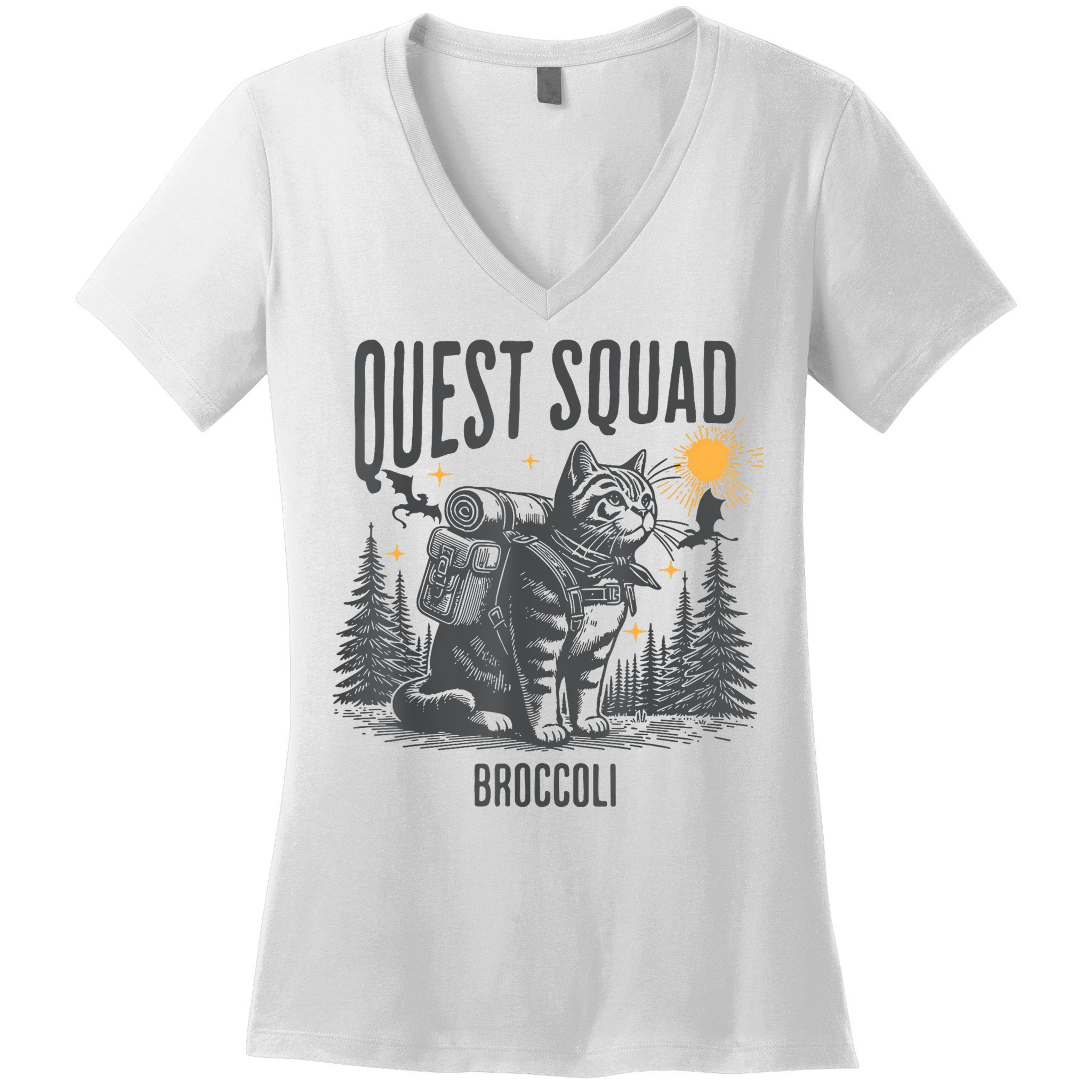 Quest Fantasy Squad Broccoli Funny Cat Women's V-Neck T-Shirt