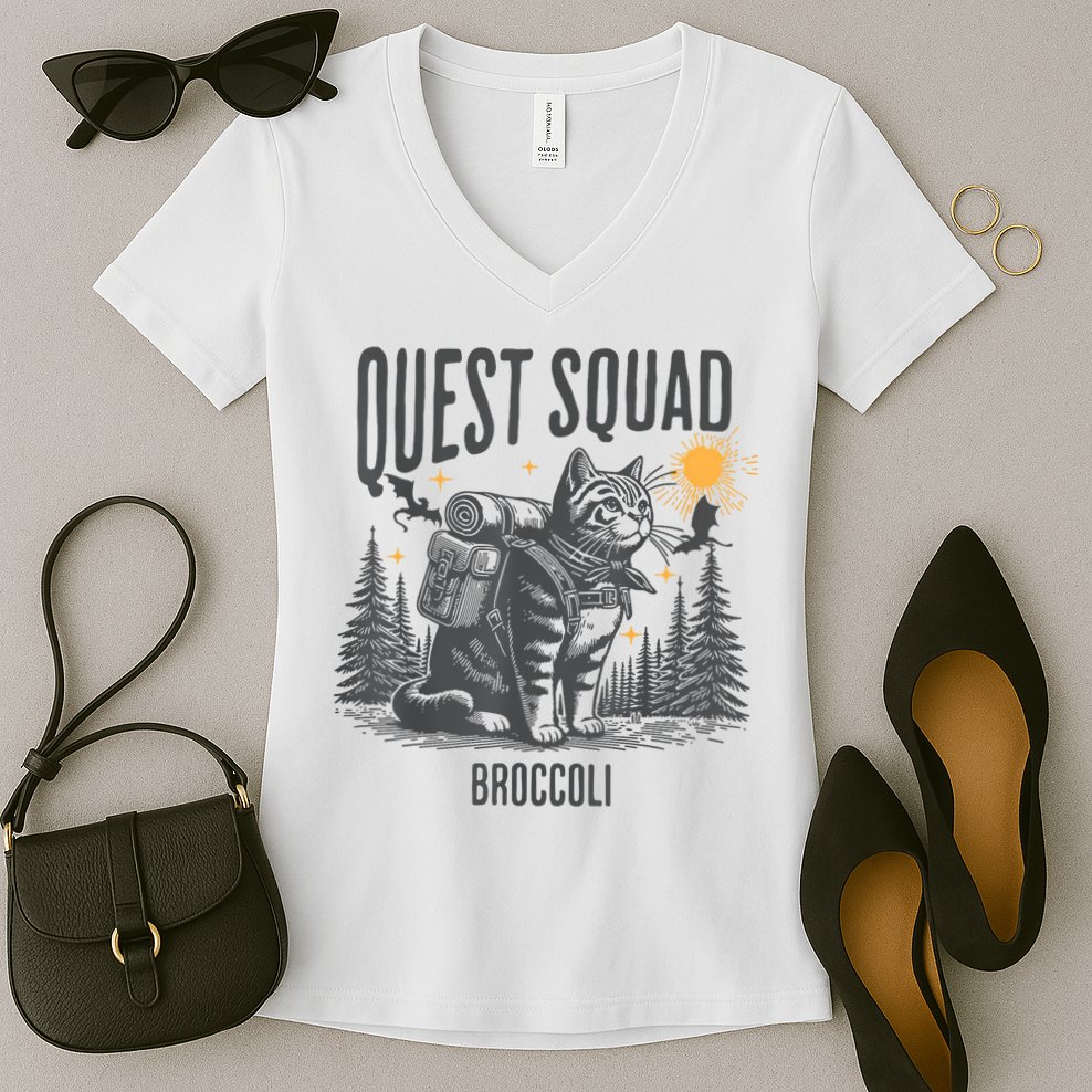 Quest Fantasy Squad Broccoli Funny Cat Women's V-Neck T-Shirt