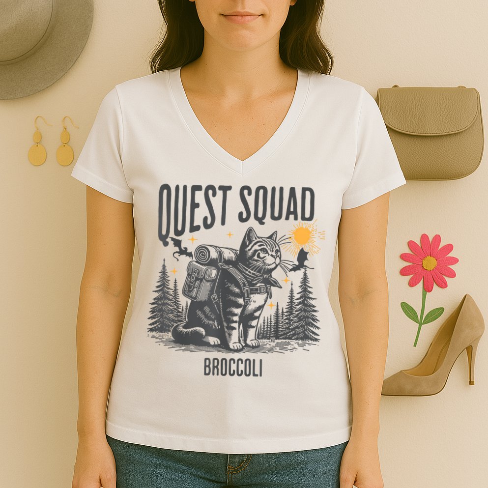 Quest Fantasy Squad Broccoli Funny Cat Women's V-Neck T-Shirt