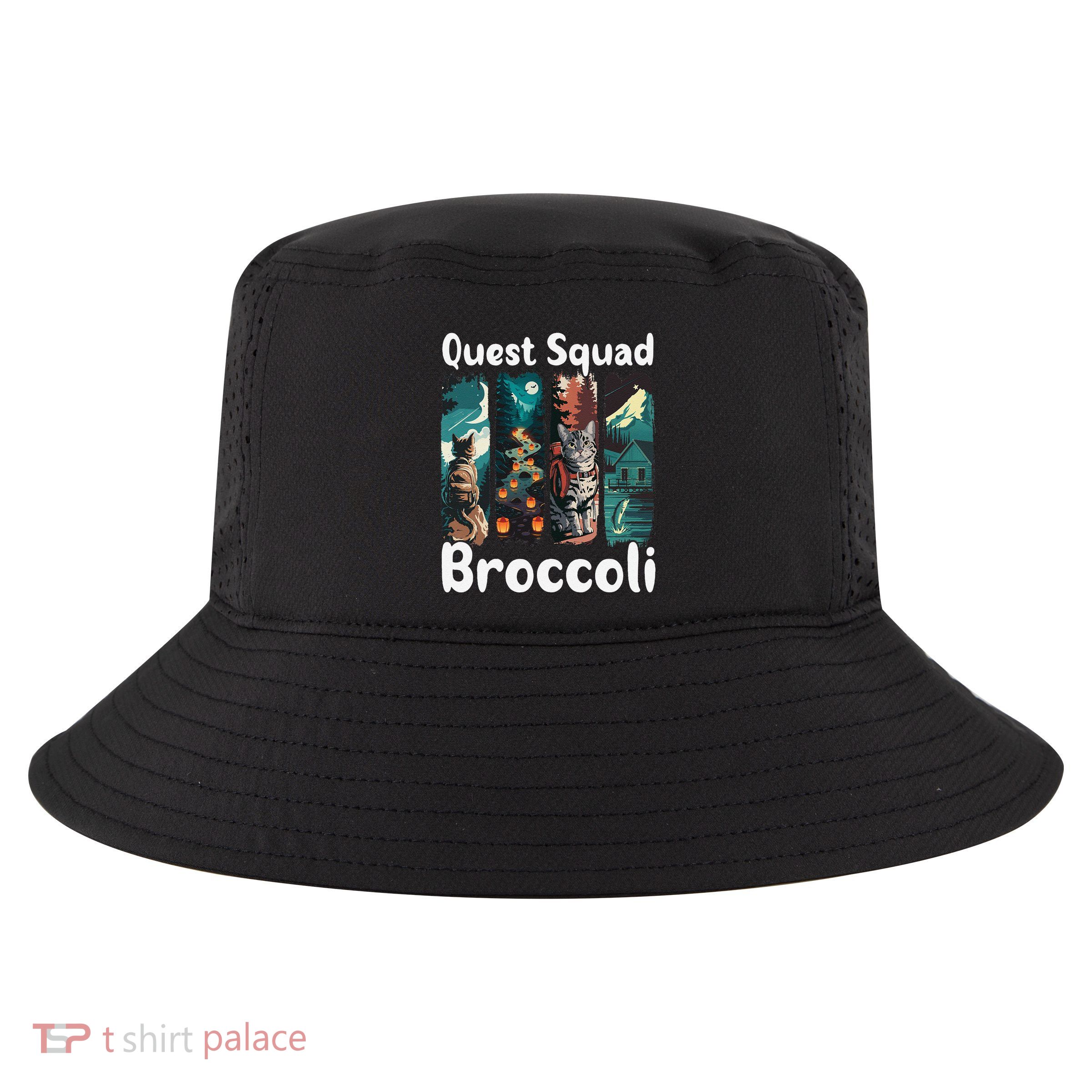 Quest Fantasy Squad Broccoli Funny Cat Camper Brushtroke .Png Cool Comfort Performance Bucket Hat