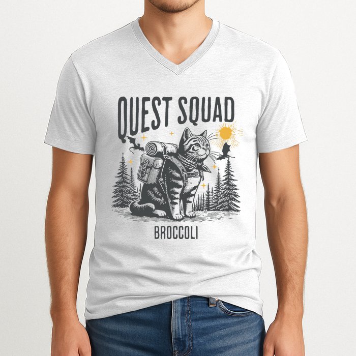 Quest Fantasy Squad Broccoli Funny Cat V-Neck T-Shirt
