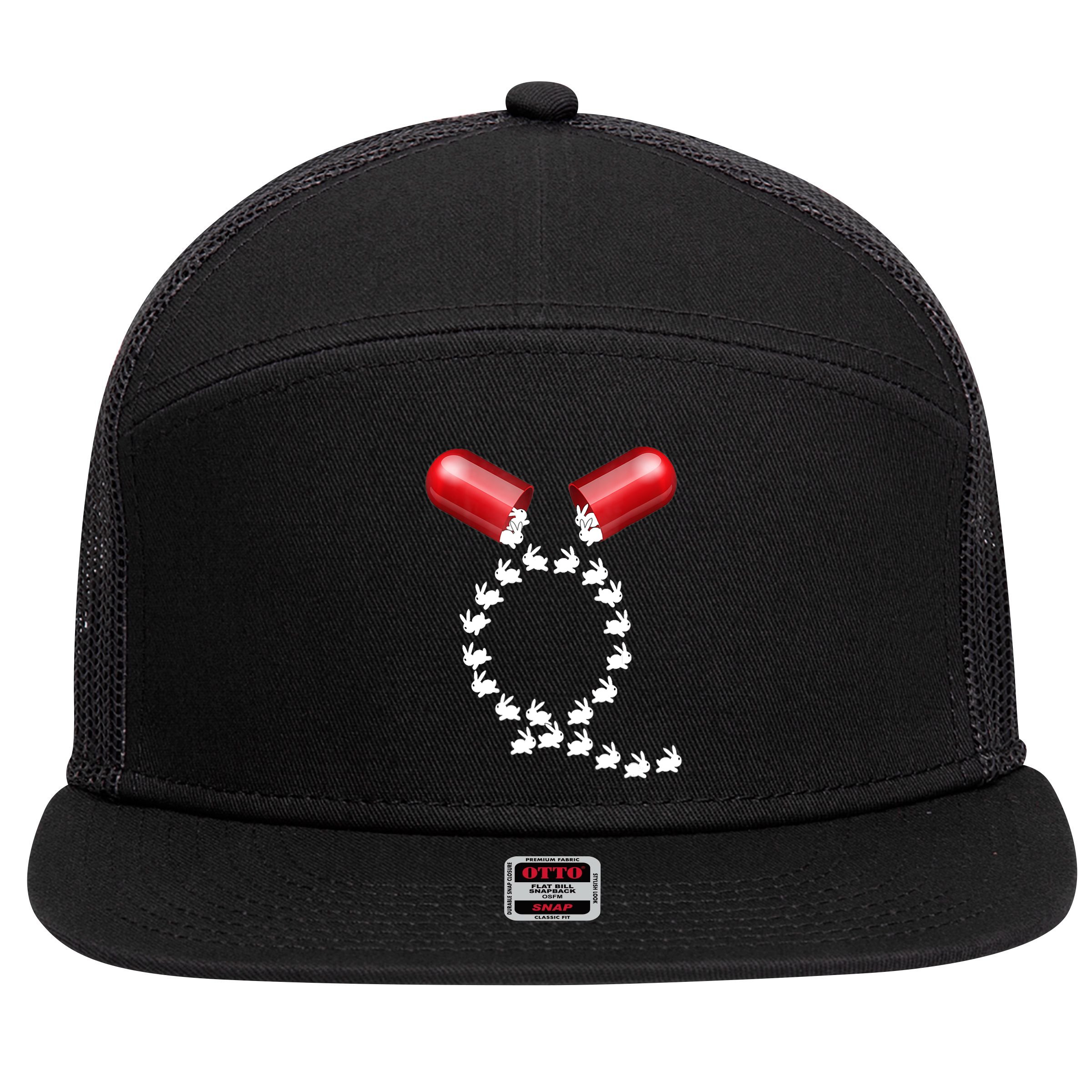 Qanon Follow The White Rabbit Red Pill Q Anon Pilled 7 Panel Mesh Trucker Snapback Hat