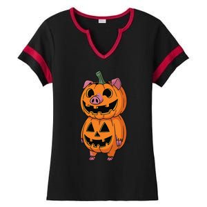 Quirky Halloween Pig Pumpkin Fusion Comic Ladies Halftime Notch Neck Tee