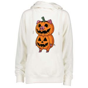 Quirky Halloween Pig Pumpkin Fusion Comic Womens Funnel Neck Pullover Hood