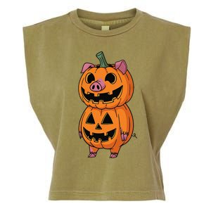 Quirky Halloween Pig Pumpkin Fusion Comic Garment-Dyed Women's Muscle Tee