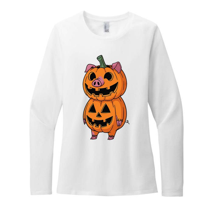 Quirky Halloween Pig Pumpkin Fusion Comic Womens CVC Long Sleeve Shirt