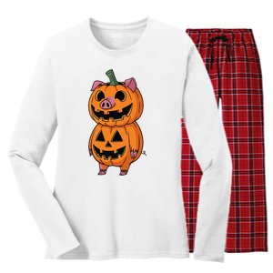 Quirky Halloween Pig Pumpkin Fusion Comic Women's Long Sleeve Flannel Pajama Set 