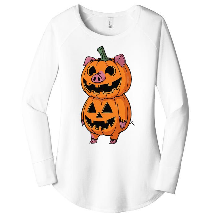 Quirky Halloween Pig Pumpkin Fusion Comic Women's Perfect Tri Tunic Long Sleeve Shirt