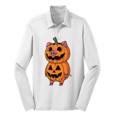 Quirky Halloween Pig Pumpkin Fusion Comic Silk Touch Performance Long Sleeve Polo