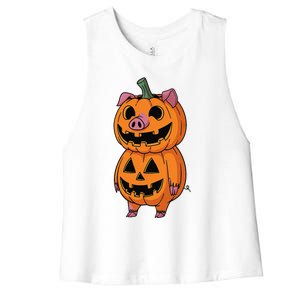 Quirky Halloween Pig Pumpkin Fusion Comic Women's Racerback Cropped Tank