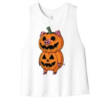 Quirky Halloween Pig Pumpkin Fusion Comic Women's Racerback Cropped Tank