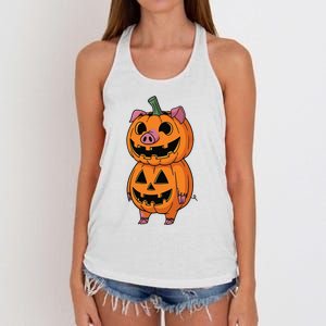 Quirky Halloween Pig Pumpkin Fusion Comic Women's Knotted Racerback Tank