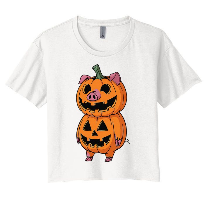 Quirky Halloween Pig Pumpkin Fusion Comic Women's Crop Top Tee