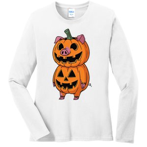 Quirky Halloween Pig Pumpkin Fusion Comic Ladies Long Sleeve Shirt