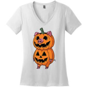 Quirky Halloween Pig Pumpkin Fusion Comic Women's V-Neck T-Shirt