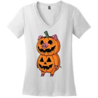 Quirky Halloween Pig Pumpkin Fusion Comic Women's V-Neck T-Shirt