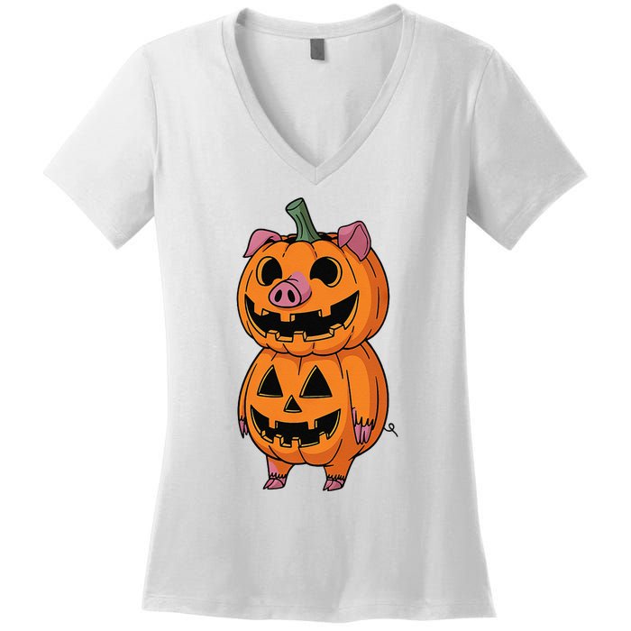 Quirky Halloween Pig Pumpkin Fusion Comic Women's V-Neck T-Shirt