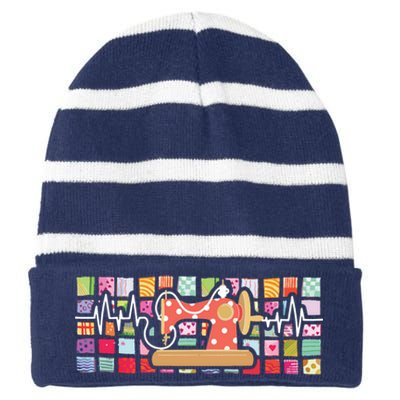 Quilter Heartbeat Sewing Quilting Stitching Sewist Sewer Striped Beanie with Solid Band