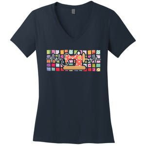 Quilter Heartbeat Sewing Quilting Stitching Sewist Sewer Women's V-Neck T-Shirt