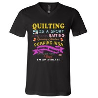 Quilting Is A Sport Funny Quilt Sayings Sewer Quilter V-Neck T-Shirt