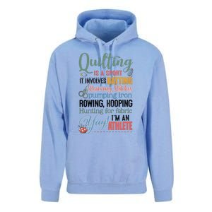 Quilting Is A Sport It Involves Batting Running Stitches Pumping Iron Unisex Surf Hoodie