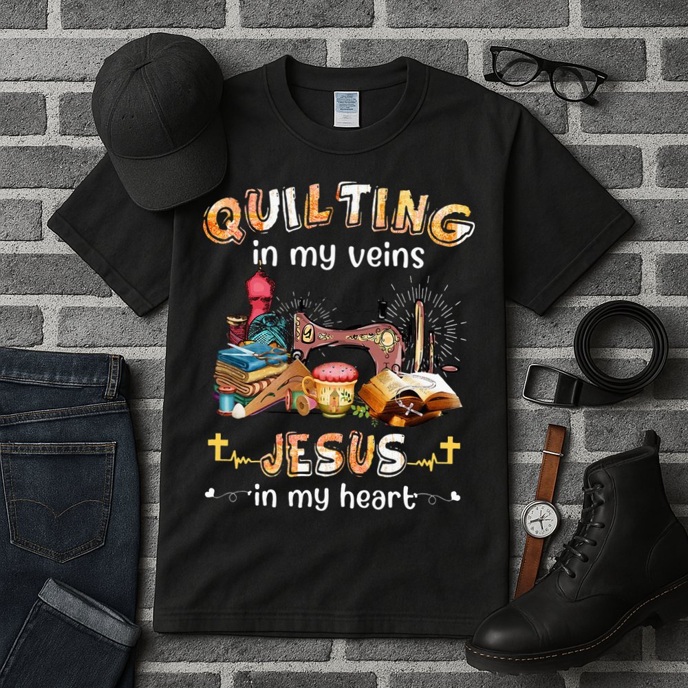 Quilting In My Veins Jesus In My Heart Funny Quilters Tall T-Shirt