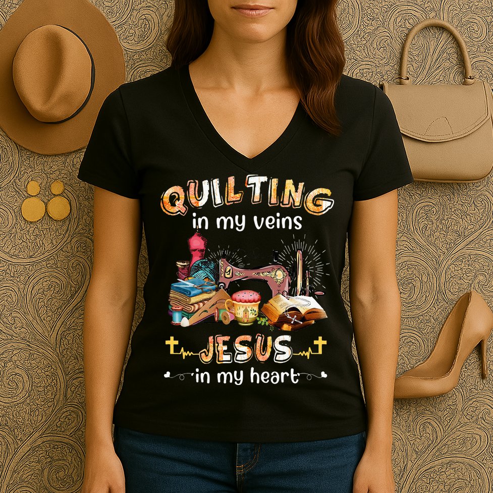 Quilting In My Veins Jesus In My Heart Funny Quilters Women's V-Neck T-Shirt