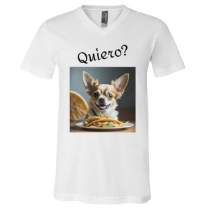 Quiero! I Want Taco! Funny Retro Chihuahua V-Neck T-Shirt