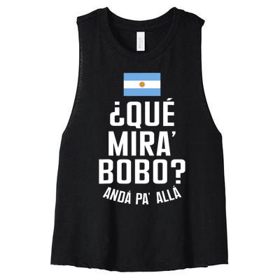 Qué Miras Bobo Qué Mirás Bobo, Andá Pa' Allá Funny Speech Flag Design Women's Racerback Cropped Tank