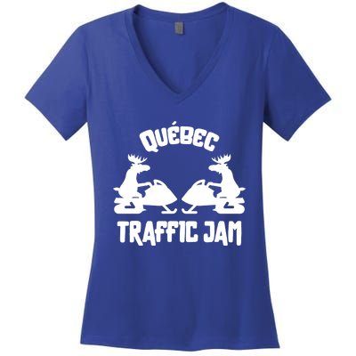 Quebec Moose Snowmobile Traffic Jam For Rider Gift Women's V-Neck T-Shirt