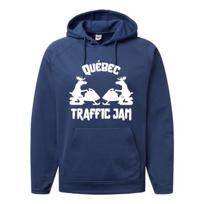 Quebec Moose Snowmobile Traffic Jam For Rider Gift Performance Fleece Hoodie