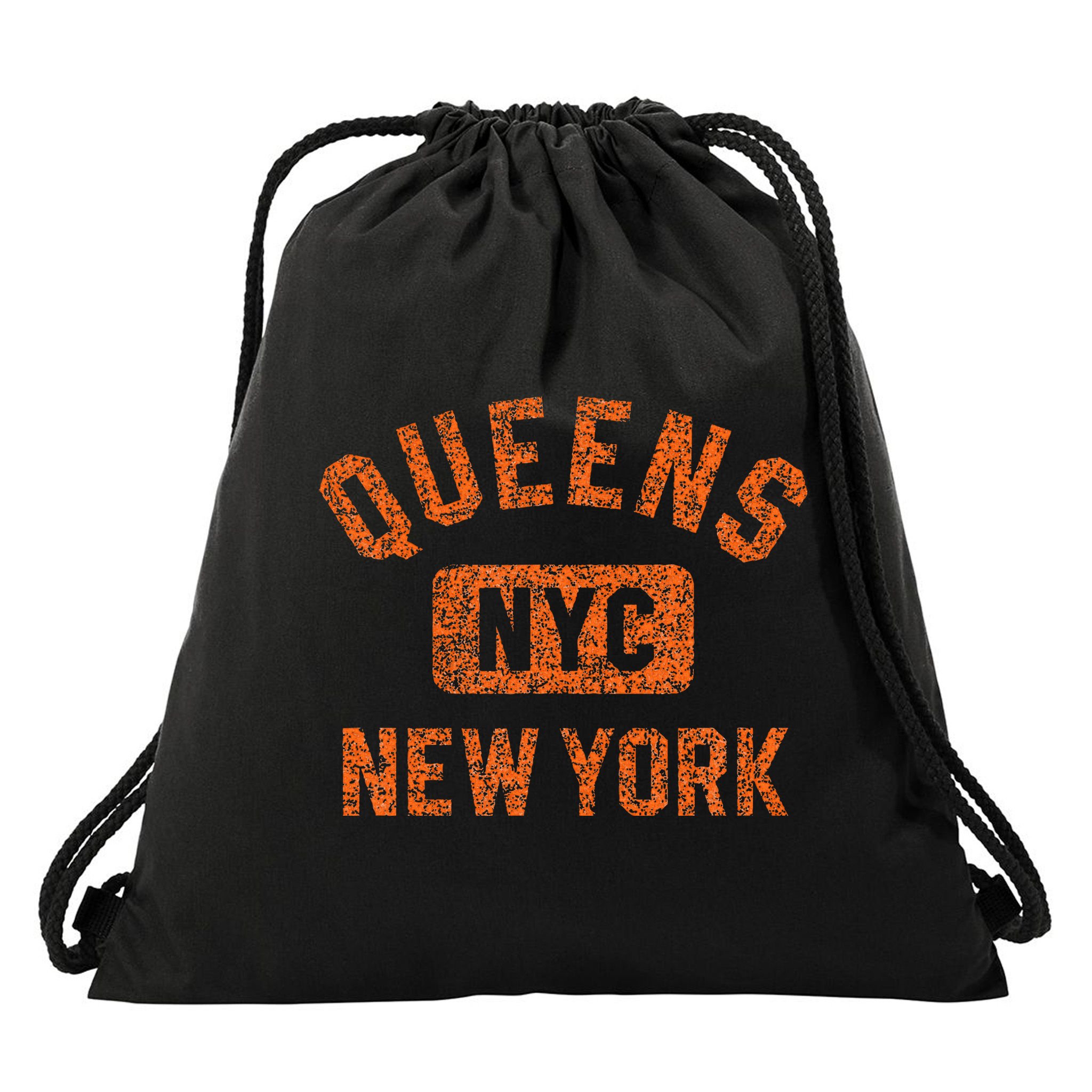 Queens Nyc New York Gym Style Distressed Orange Print Drawstring Bag