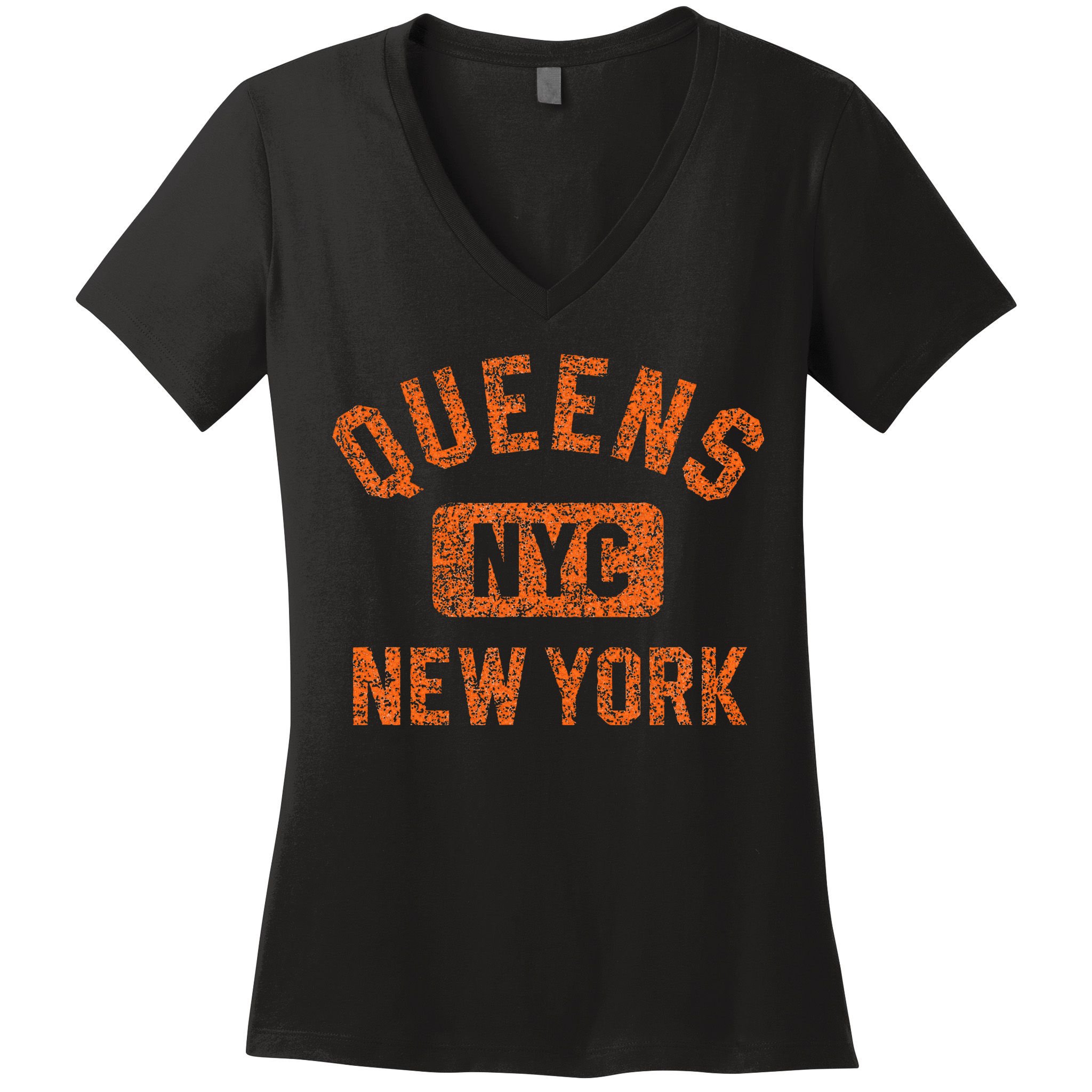 Queens Nyc New York Gym Style Distressed Orange Print Women's V-Neck T-Shirt