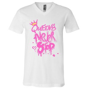 Queens Never Stop W.O.M.E.N.S Powerful G.I.R.L.S Graffiti Graphic V-Neck T-Shirt