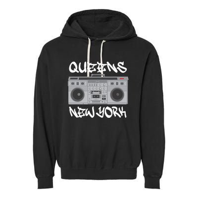 Queens New York Boom Box Graffiti Lettering Garment-Dyed Fleece Hoodie