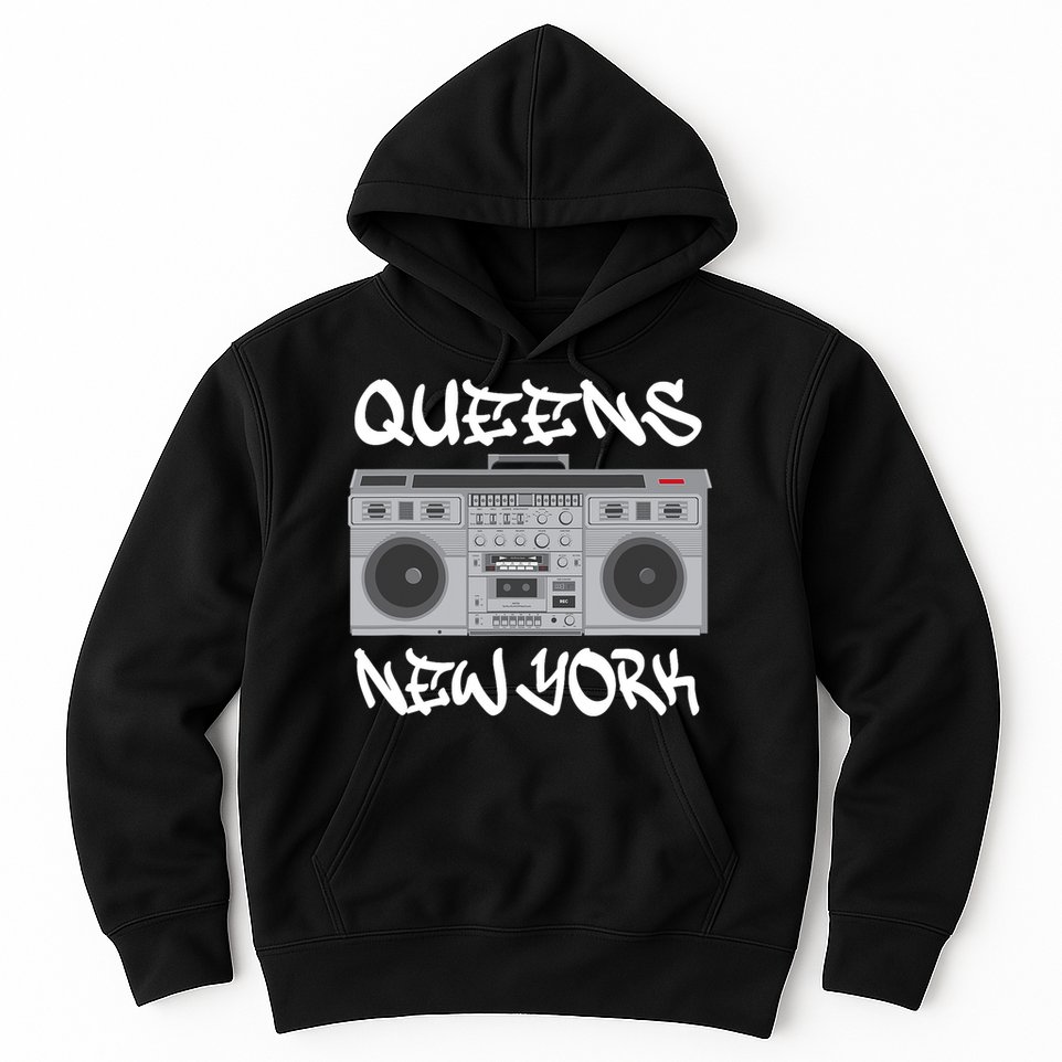 Queens New York Boom Box Graffiti Lettering Hoodie