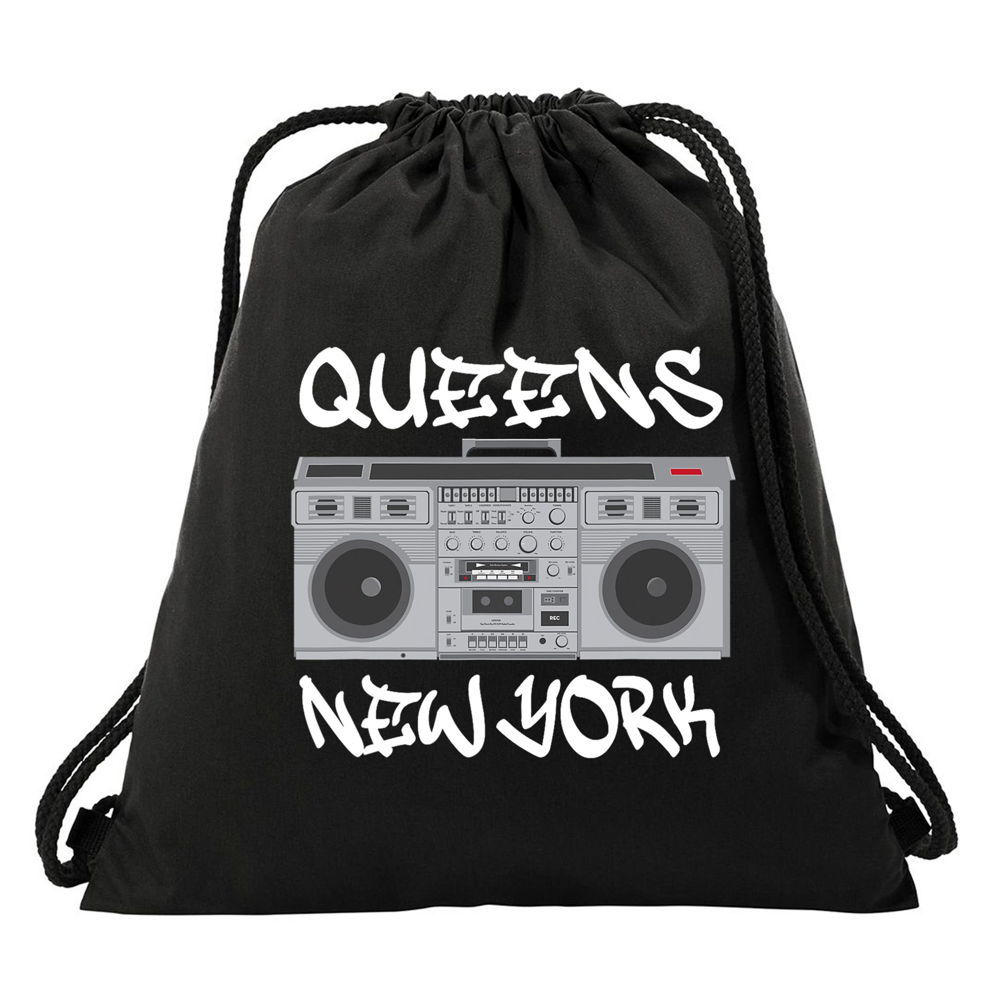 Queens New York Boom Box Graffiti Lettering Drawstring Bag